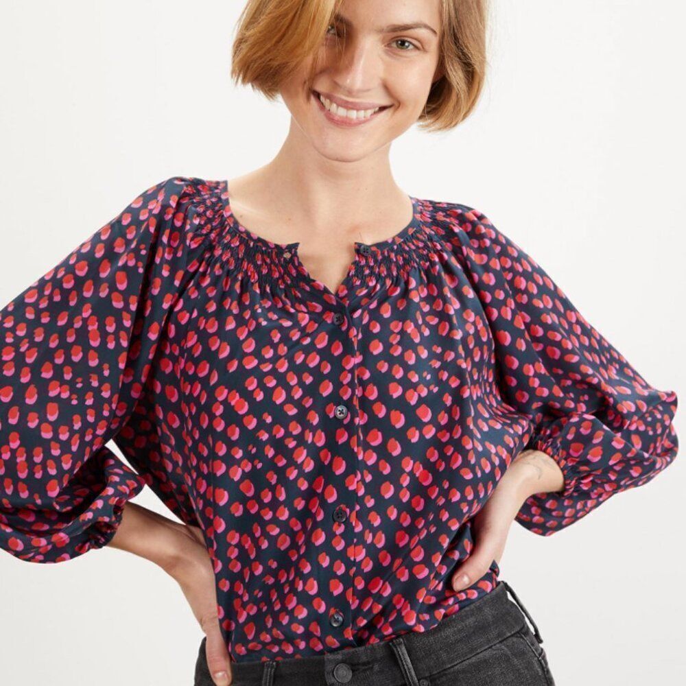 Tucker Clara Blouse Pop Dot in Silk Crepe de Chine Button Down Long Sleeve